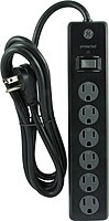 GE General Purpose 6-Outlet Surge Protector, 6 ft Extension Cord, 800 Joules, Twist-to-Close Safety Outlet Covers, Flat Plug, Protected Indicator Light, Integrated Circuit Breaker, Black, 14091