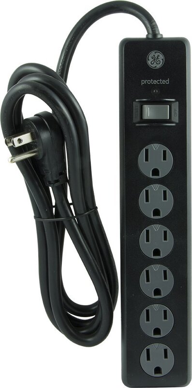GE General Purpose 6-Outlet Surge Protector, 6 ft Extension Cord, 800 Joules, Twist-to-Close Safety Outlet Covers, Flat Plug, Protected Indicator Light, Integrated Circuit Breaker, Black, 14091