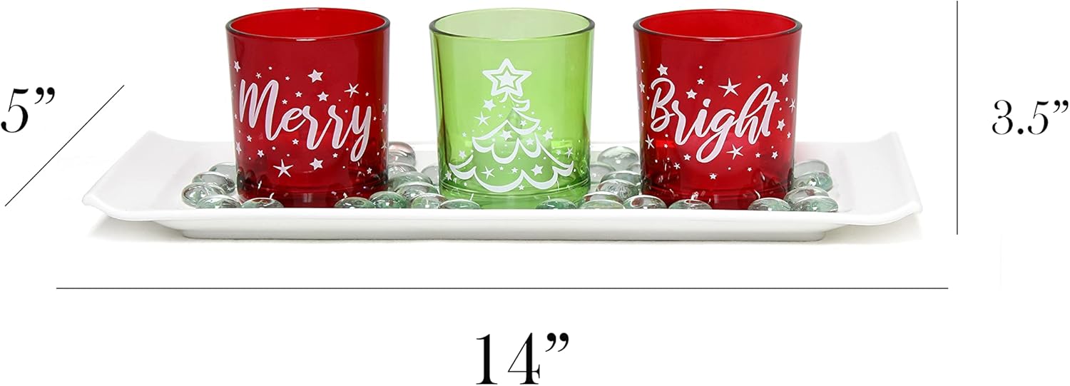 Elegant Designs HG5000-GAR Christmas Décor Winter Wonderland Decoration Glass Candle Set of 3 with Tray and Beads