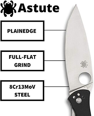 Spyderco Astute Value Knife with 3.02" Stainless Steel Blade and Durable Black G-10 - PlainEdge - C252GP