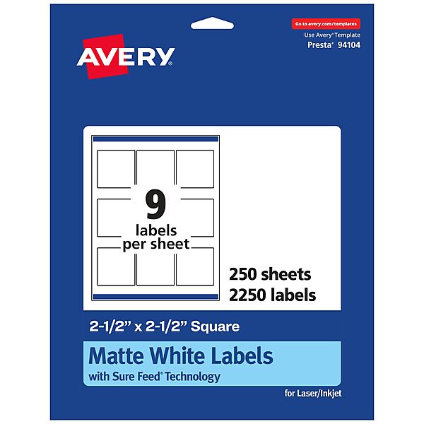 Avery Matte White Square Labels 2.5 x 2.5 - Sure Feed