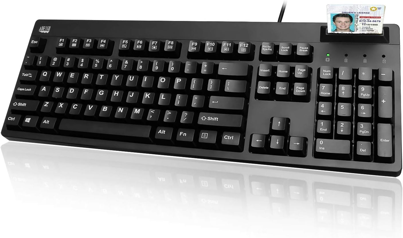 Adesso EasyTouch 630SB-TAA - Smart Card Reader Keyboard (TAA Compliant) - Cable Connectivity - USB Interface - 104 Key(s)