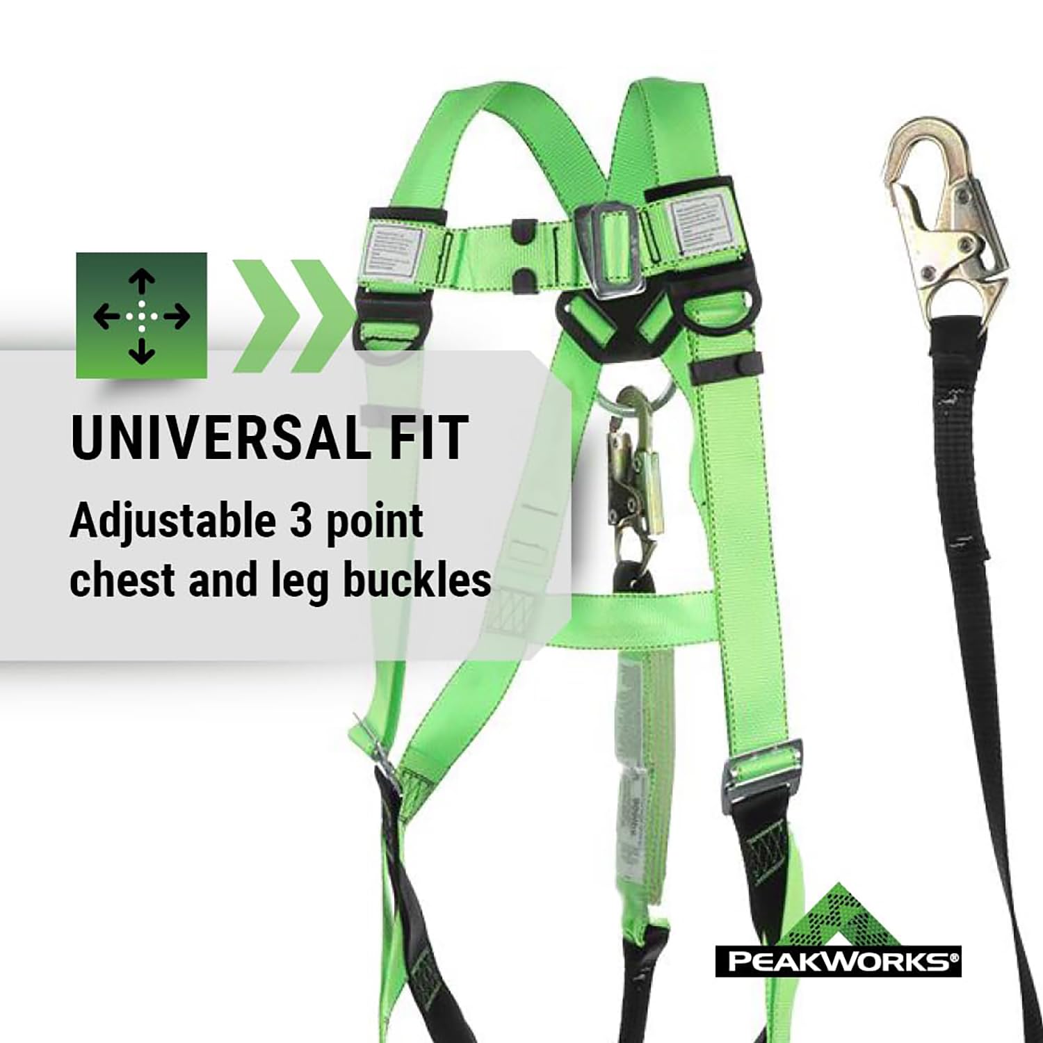 PeakWorks Safety Harness Fall Protection Lanyard Kit – Full Body, Industrial, ANSI Compliant, Adjustable, Hi Vis, 6 FT