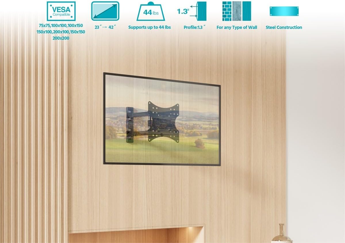 Monoprice Full Motion Single-Stud TV Wall Mount Bracket for 23" to 43" TVs up to 44lbs, Max VESA 200x200