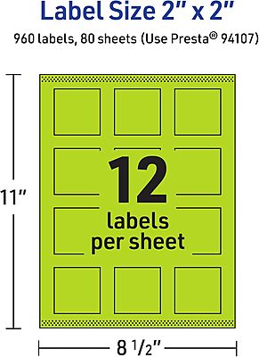 Avery Printable Square Labels, Sure Feed Technology, 2 in x 2 in, Bright Green, Print-to-The-Edge, Laser/Inkjet Printable