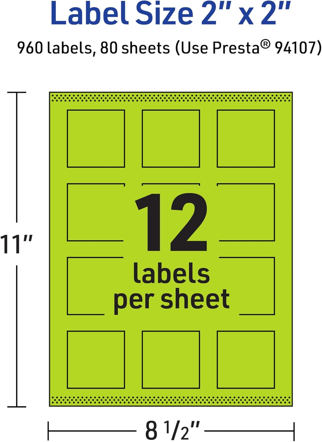 Avery Printable Square Labels, Sure Feed Technology, 2 in x 2 in, Bright Green, Print-to-The-Edge, Laser/Inkjet Printable