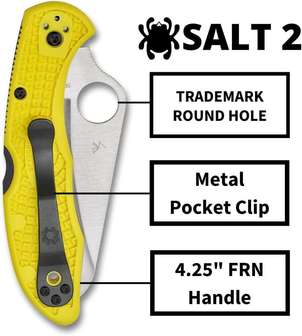 Spyderco Salt 2 Lightweight Knife with 3" H-1 Ultra-Corrosion Resistant Steel Blade and Yellow FRN Handle - PlainEdge