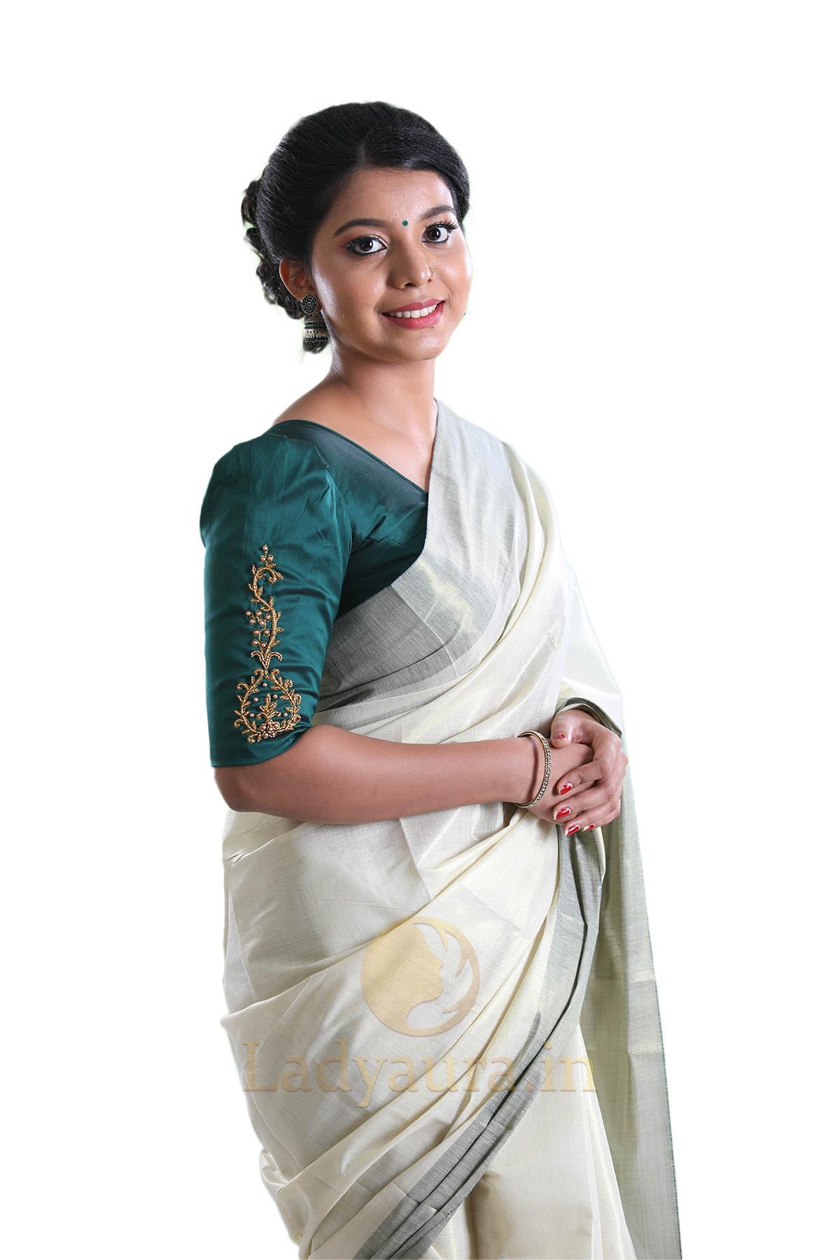 ALLUVY Kuthampully Kerala Saree |Traditional South Indian Sarees |Onam Tissue Kasavu Saree |Authentic South Cultural Sarees | Women's Plain Zari Kasavu | EKM-776 (Dark Green)