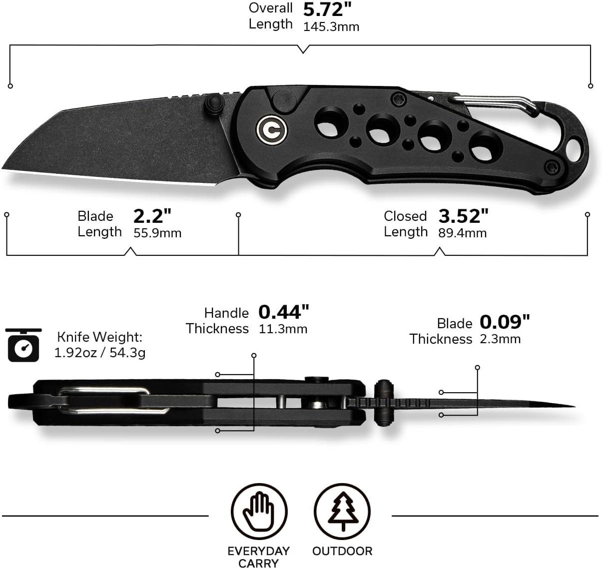 CIVIVI Pragma Folding Knife 2.2" Wharncliffe, Aluminum Handle, Carabiner & Bottle Opener