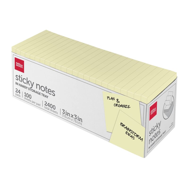 Office Depot® Brand Sticky Notes, With Storage Tray, 3" x 3", Yellow, 100 Sheets Per Pad, Pack Of 24 Pads