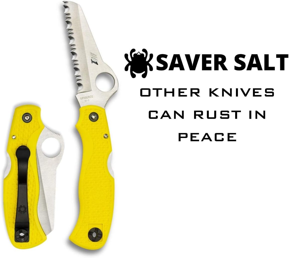 Spyderco Saver Salt Knife with 3.09" H-1 Corrosion-Resistant Stainless Steel Blade and Lightweight Yellow FRN Handle