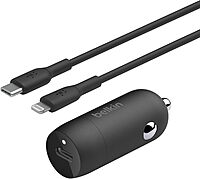 Belkin BoostCharge™ 30W Fast Car Charger, Compact Design withUSB-C Power Delivery Port, USB-C to Lightning Cable Included