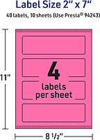 Avery Printable Rectangle Labels, Sure Feed Technology, 2\" x 7\", Bright Pink, Print-to-The-Edge, Laser/Inkjet Printable