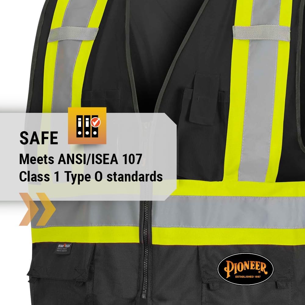 Pioneer Hi-Vis Reflective Safety Vest, Solid Neon, 8 Pockets, Zipper, Adjustable