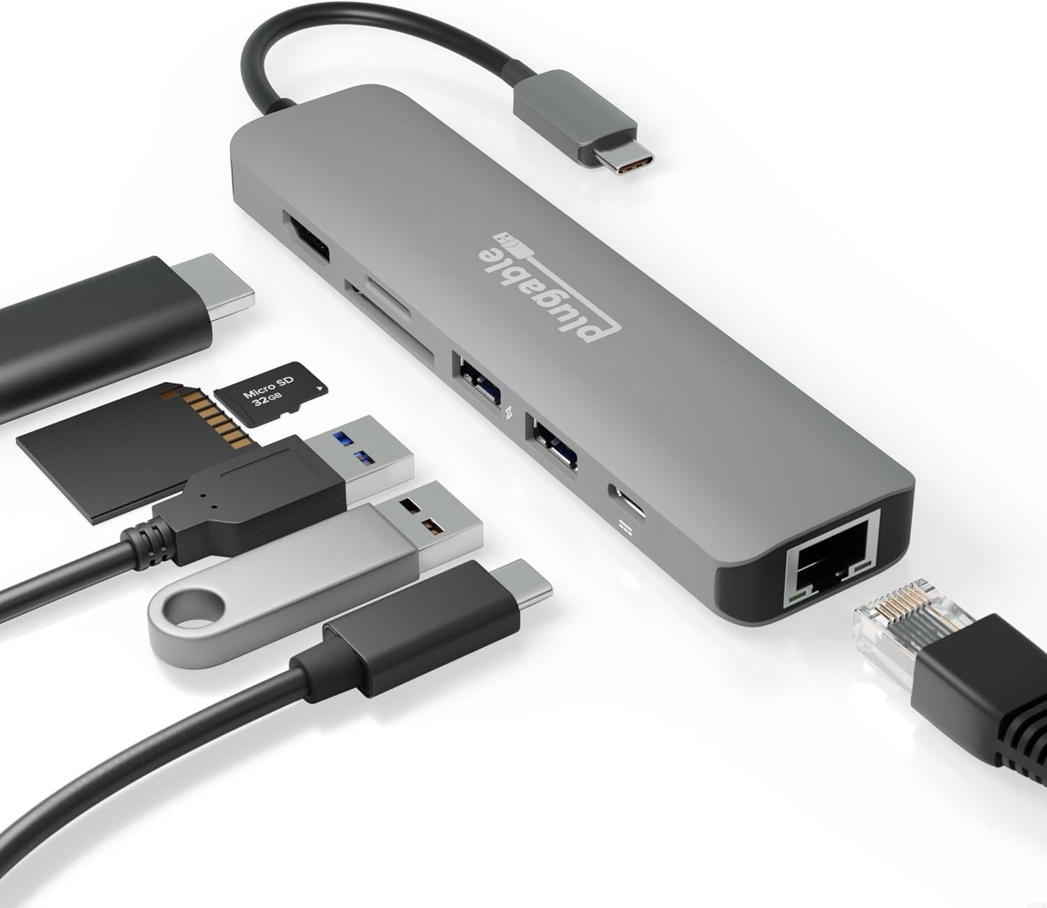 Plugable 7-in-1 USB C Hub Multiport Adapter with Ethernet Driverless Compatibility with Mac, Windows, iPhone 15, Chromebook