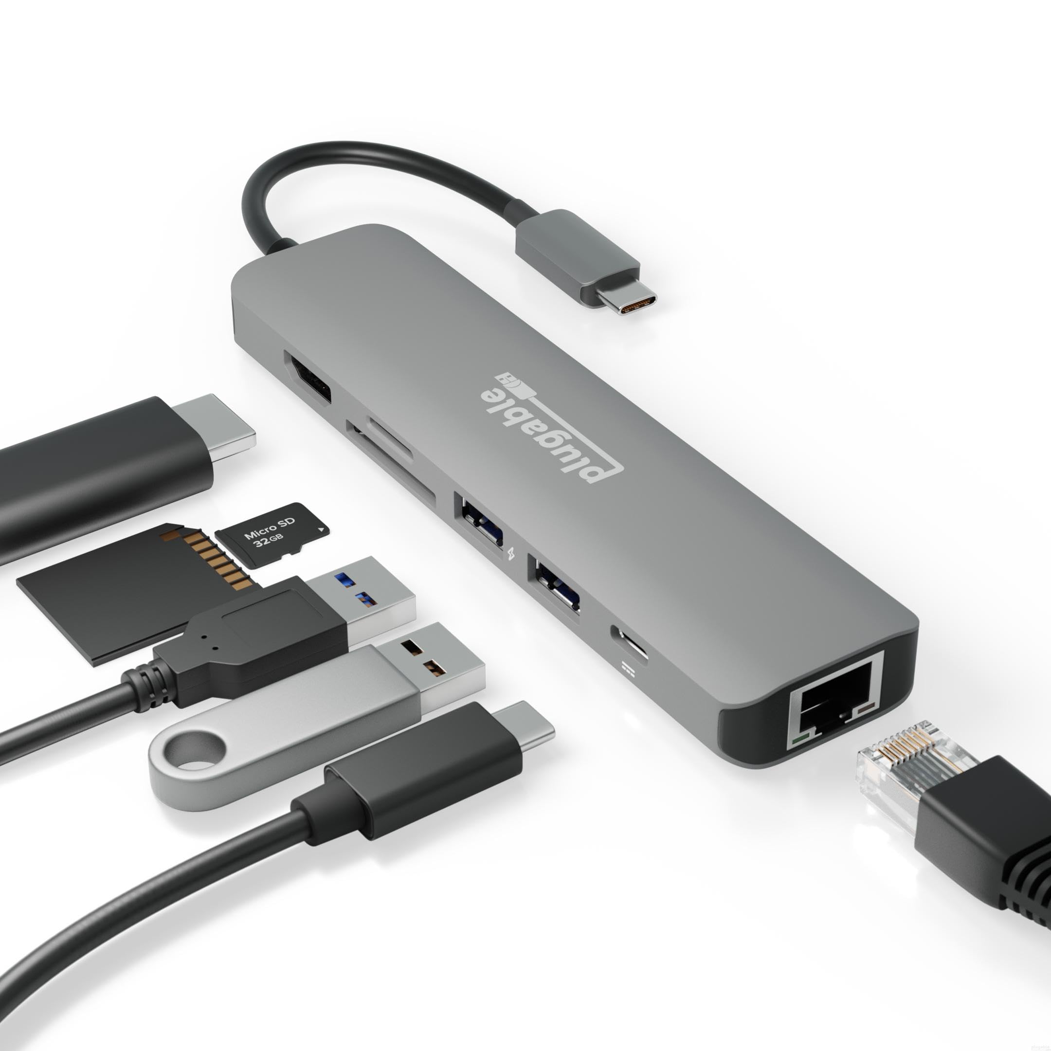 Plugable 7-in-1 USB C Hub Multiport Adapter with Ethernet Driverless Compatibility with Mac, Windows, iPhone 15, Chromebook