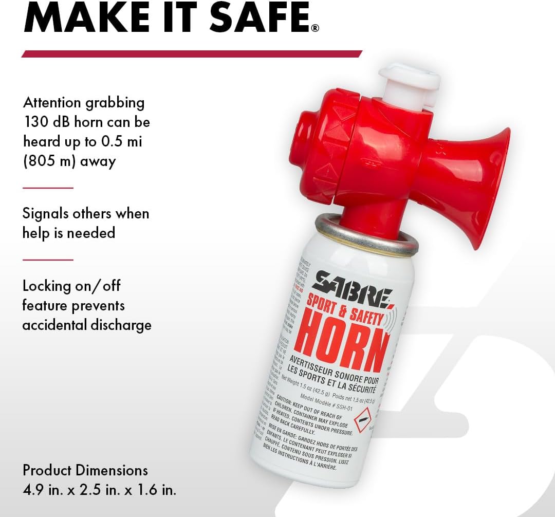 SABRE Sport and Safety Horn, 130 dB Air Horn, 60 ¼ Second or 25 ½ Second Bursts, Audible Up to 1/2-Miles (804-Meters)