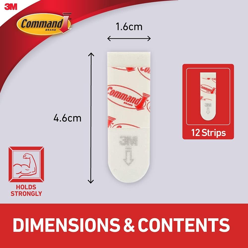 Command Poster Strips, Removable, Holds Up to 1 Lb Per Pair, 0.63 X 1.75, White, 12/Pack