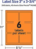 Avery Printable Rectangle Labels, Sure Feed Technology, 3 x 3.75 in, Bright Orange, Print-to-The-Edge