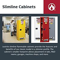 Justrite 22 Gallon Manual Close Slimline Flammable Storage Cabinet, 18 Gauge Steel, 3 Shelves, 2 Door Fire Cabinet
