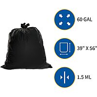 Genuine Joe GJO01535 Heavy Duty Low-Density Puncture Resistant Can Liner, 60 gallon Capacity, 56" Length x 39" Width x 1.50 mil Thickness, Black (Box of 50)