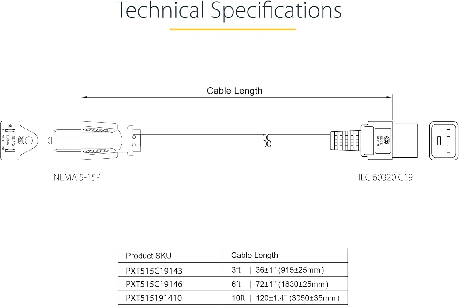 StarTech.com PXT515C19146 6 ft Heavy Duty 14 AWG Computer Power Cord - NEMA 5-15P to C19 - 14 AWG Power Cable - NEMA 5-15P to IEC 320 C19 Power Cord 6 ft 14 AWG