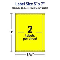 Avery Printable Rectangle Labels, Sure Feed Technology, 5" x 7", Neon Yellow Labels, Laser/Inkjet Printable, 20 Total