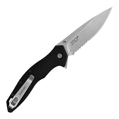 Kershaw Shoreline Folding Pocket Knife, All Purpose 3 inch Serrated Blade, Deep Carry Pocketclip, Black GFN Handle, Stonewashed Blade
