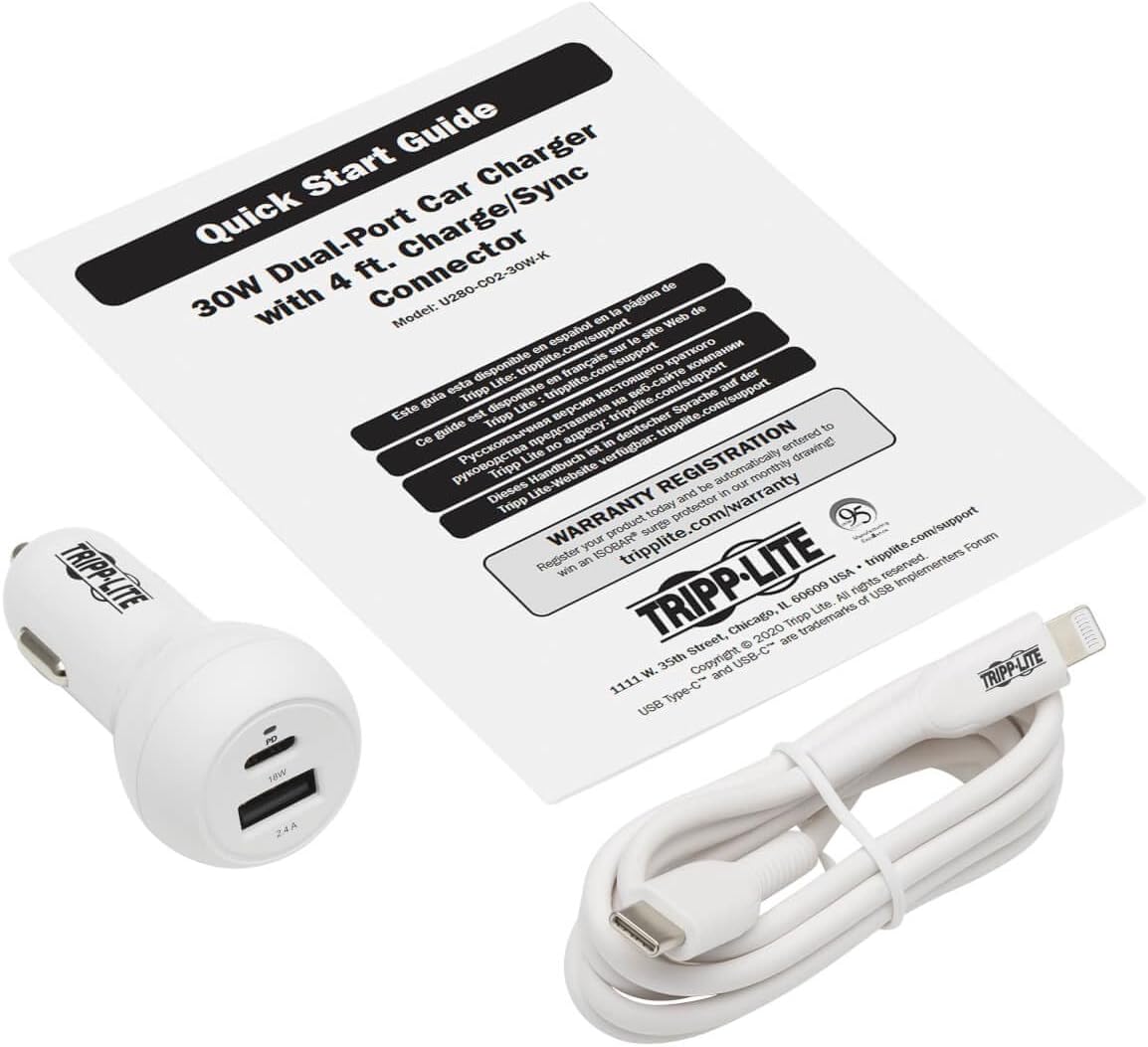 Tripp Lite USB Car Charger Dual-Port USB C 18W, USB-A 12W w/Lightning Cable (U280-C02-30W-K)