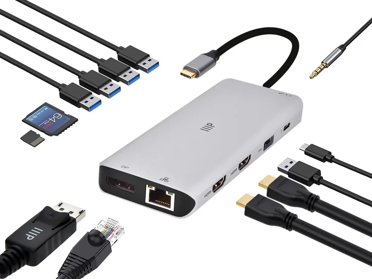 Monoprice 13-in-1 Dual-HDMI + DisplayPort Multi-Stream Transport (MST) Triple Monitor Docking Station - 4K, 5Gbps USB