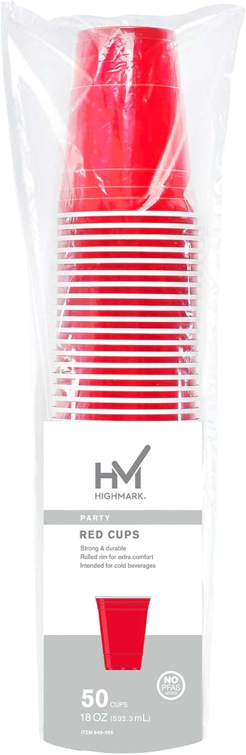 Highmark Plastic Cups, 16 Oz., Red/White, Pack Of 50, 7-35854-29279-9