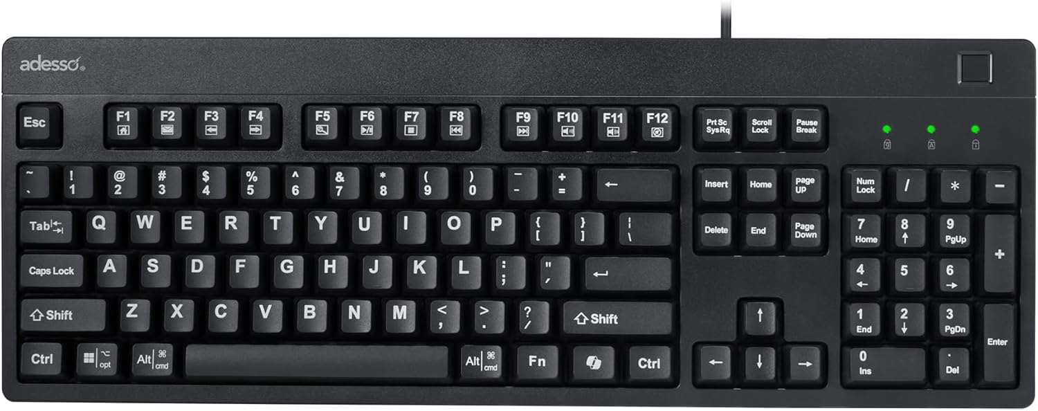 Adesso TAA Compliant Fingerprint Keyboard with AES 256 Encryption USB Wired Full Size 104 Key Layout Windows Hello