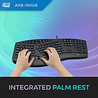 AKB-160UB Wired Ergonomic Keyboard with Integrated Palm Rest, Chiclet Keycaps, and Multimedia Hotkeys