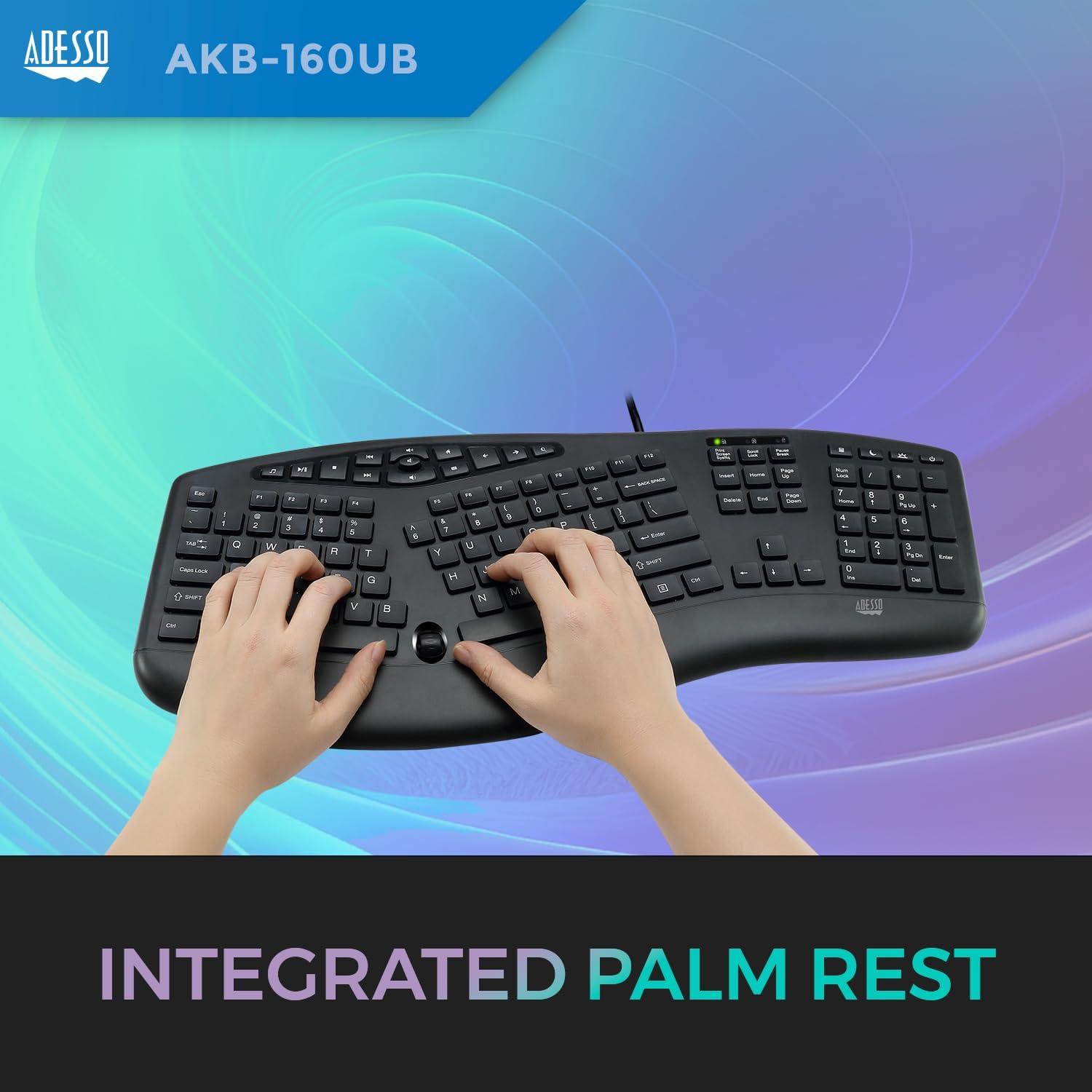 AKB-160UB Wired Ergonomic Keyboard with Integrated Palm Rest, Chiclet Keycaps, and Multimedia Hotkeys