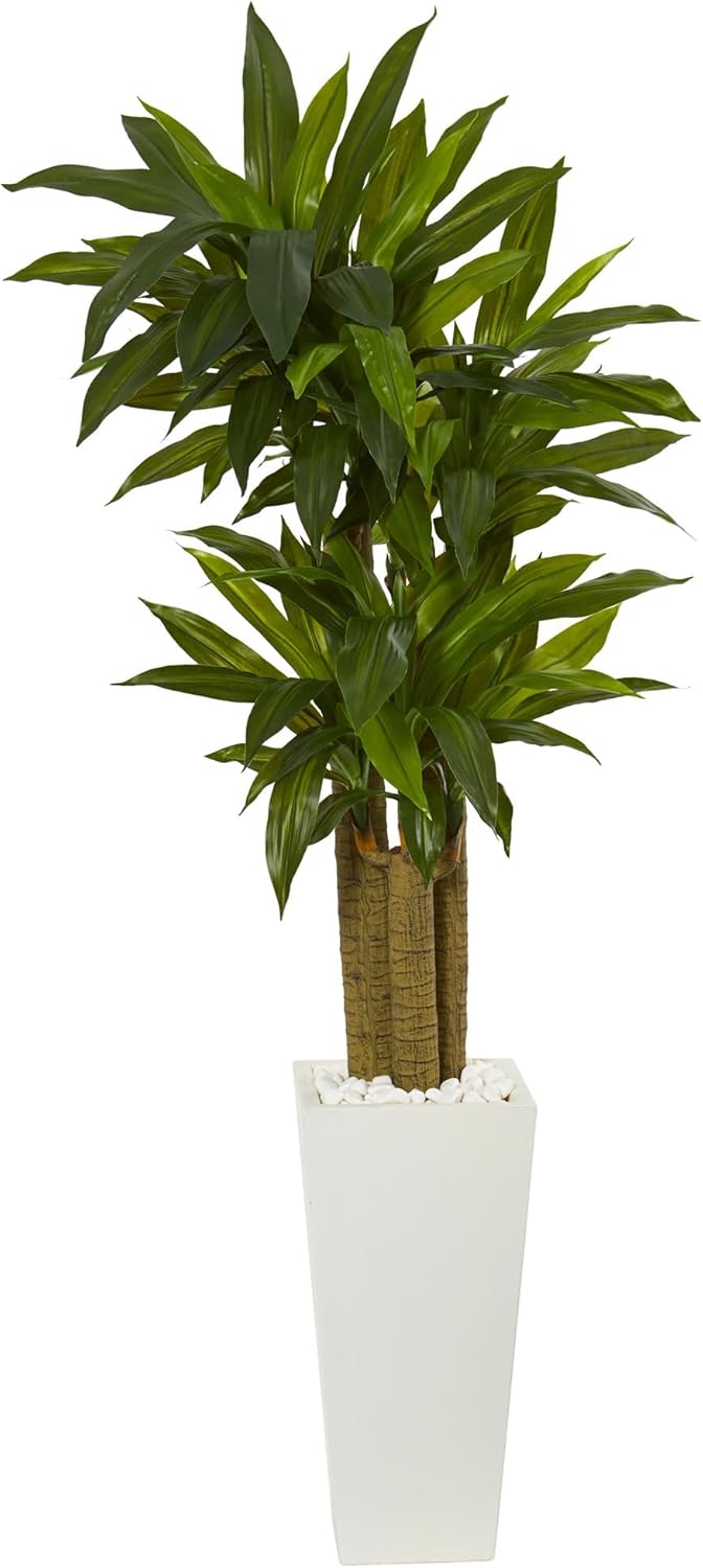 Nearly Natural Cornstalk Dracaena 60in Artificial Plant With Tower Planter, Green/White