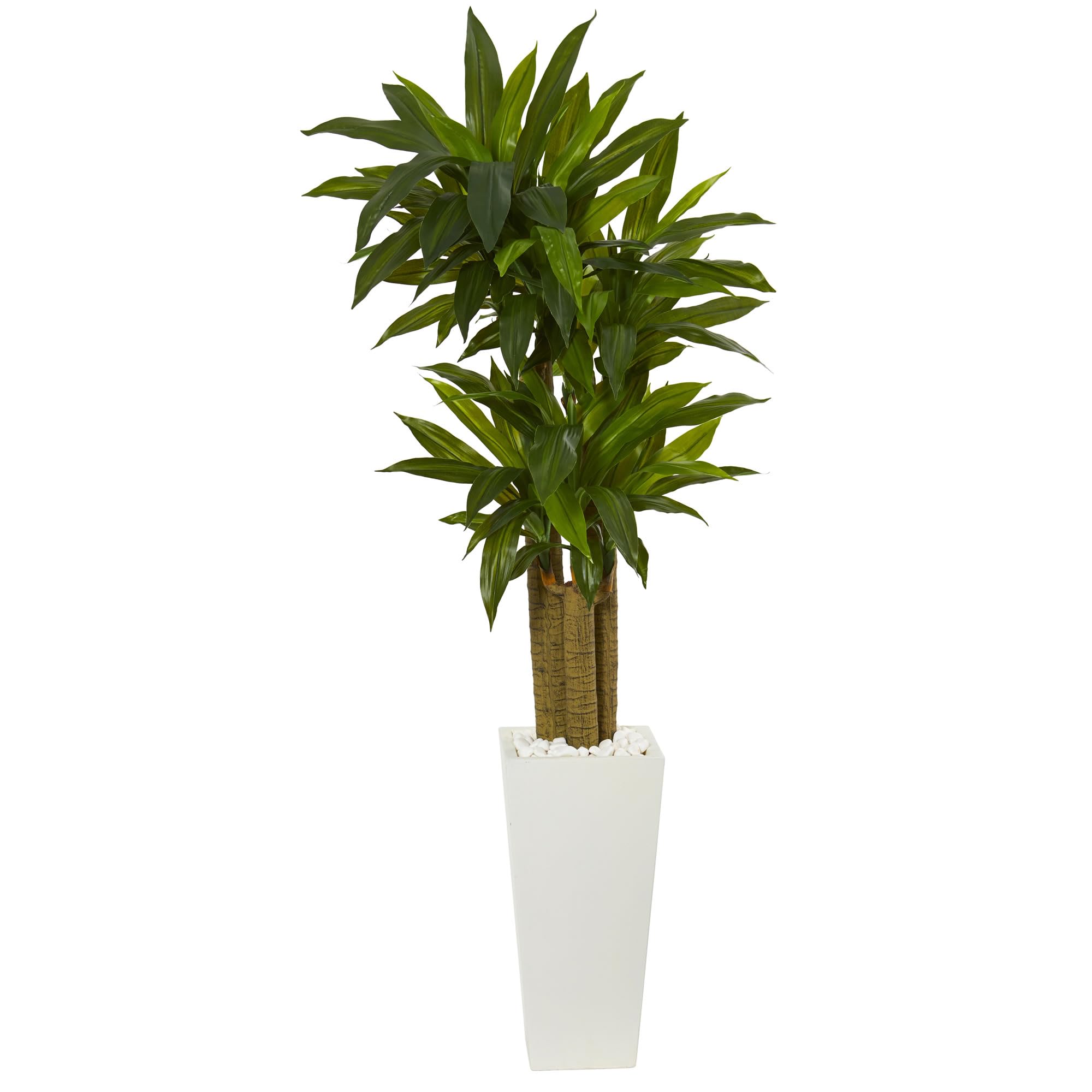 Nearly Natural Cornstalk Dracaena 60in Artificial Plant With Tower Planter, Green/White