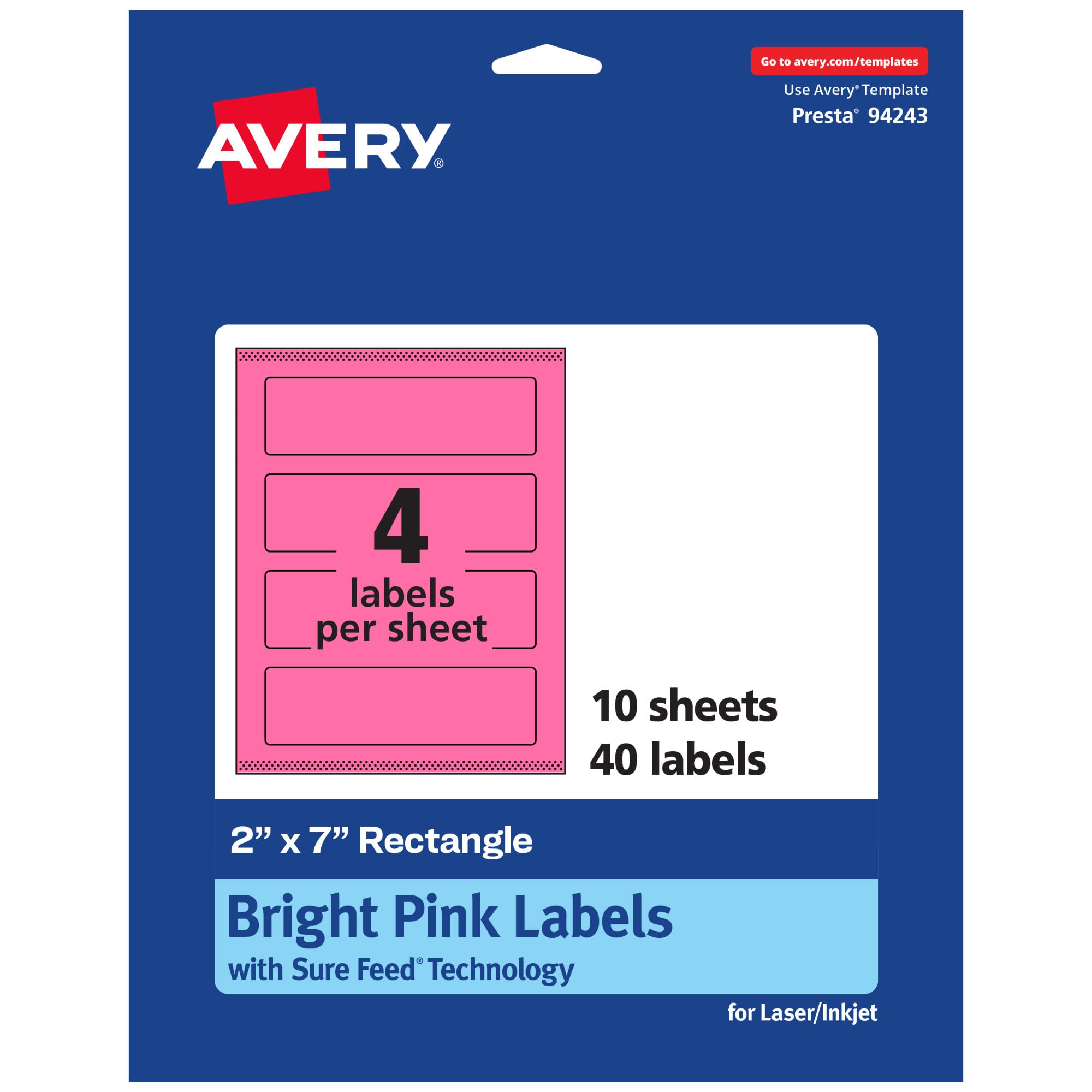 Avery Printable Rectangle Labels, Sure Feed Technology, 2\" x 7\", Bright Pink, Print-to-The-Edge, Laser/Inkjet Printable