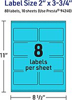 Avery Print-To-The-Edge Labels With Sure Feed Technology And Easy Peel, 94240-BBP10, Rectangle, 2in x 3-3/4in, Matte Bright Blue, Pack of 80