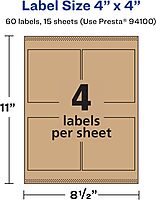 Avery Kraft Brown Square Labels, Sure Feed Technology, 4" x 4", 60 Kraft Brown Labels, Laser/Inkjet Printable 60 labels
