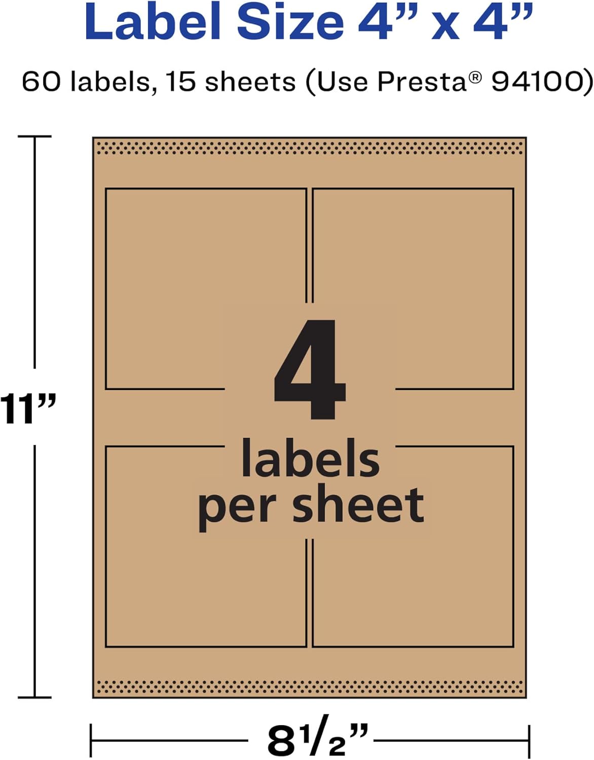 Avery Kraft Brown Square Labels, Sure Feed Technology, 4" x 4", 60 Kraft Brown Labels, Laser/Inkjet Printable 60 labels