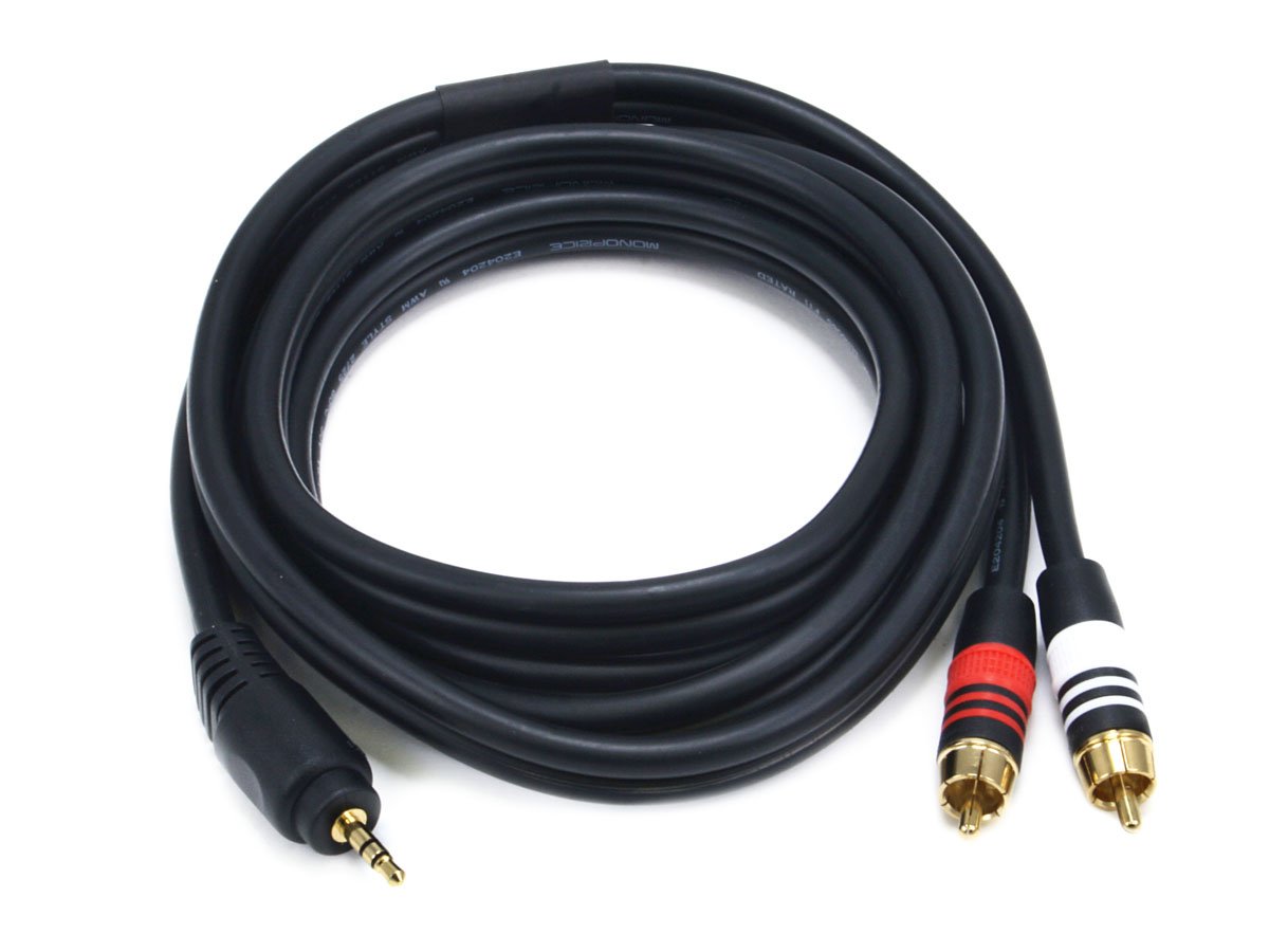 Monoprice 6in & 6ft Premium 3.5mm Stereo Female/Male to 2RCA Male 22AWG Cable (Gold Plated) - Black Cable + Cable, 6ft