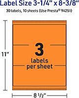 Avery Bright Orange Rectangle Labels 3-1/4" x 8-3/8"