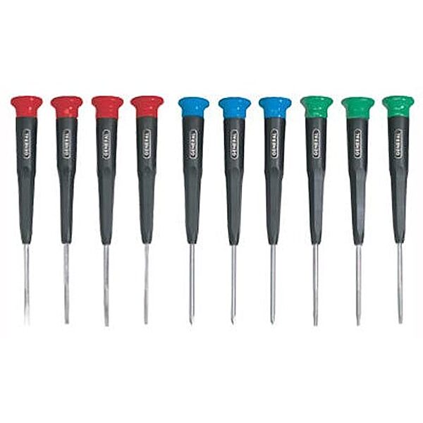 General Tools 690 Precision Screwdrivers, Set of 10, Color-Coded Slotted, Phillips and Torx Bits with Swivel Heads