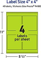 Avery Printable Square Labels, Sure Feed Technology, 4" x 4", Bright Green Labels, Laser/Inkjet Printable, 40 Total, Great for Packaging and Ingredients 40 labels