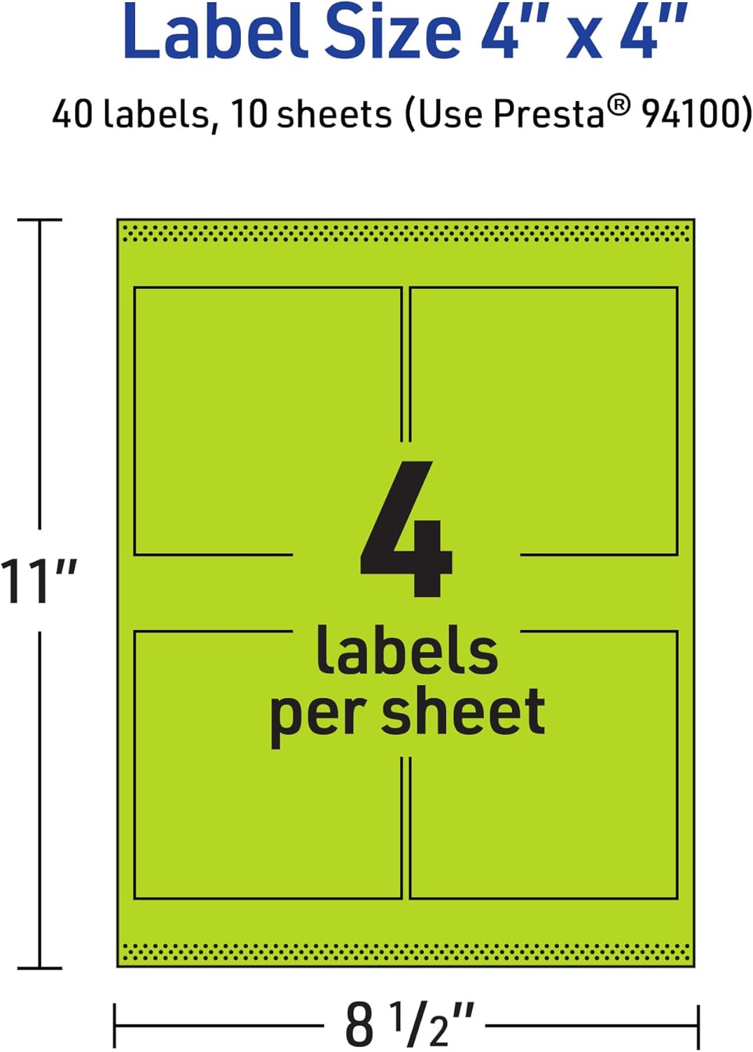 Avery Printable Square Labels, Sure Feed Technology, 4" x 4", Bright Green Labels, Laser/Inkjet Printable, 40 Total