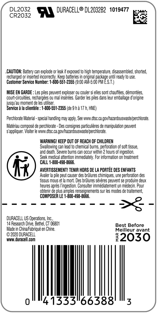 Duracell 2032 Lithium Battery, 2 Count (Pack of 1), Child Safety Features, Compatible with Key Fob