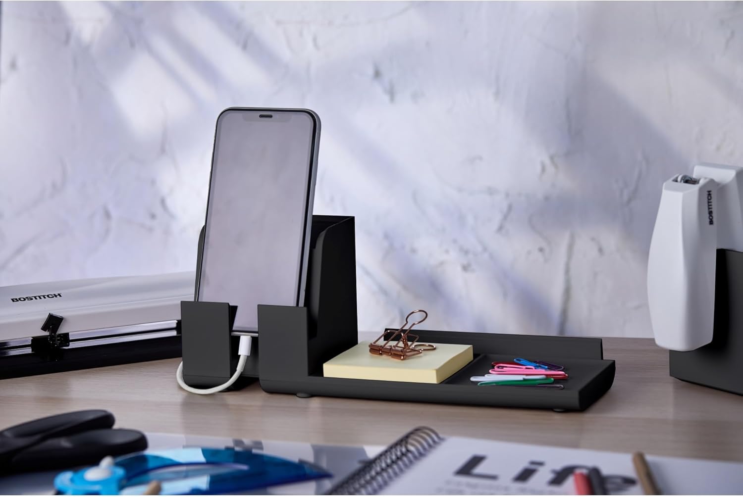 Bostitch Office Konnect Charging Station Desk Organizer Base, USB Phone Stand Compatible with Cell Phones & Tablets, Black