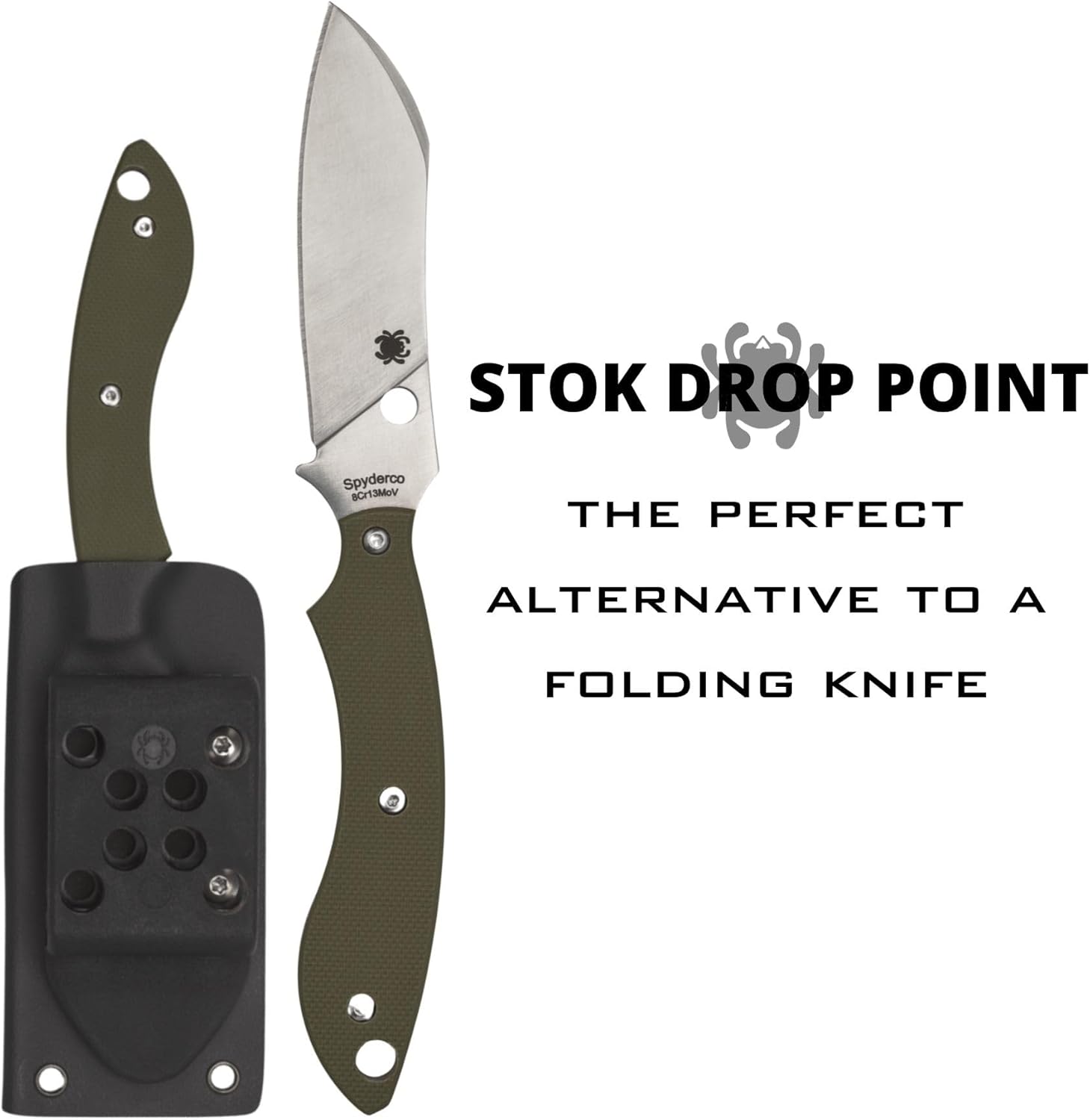 Spyderco Stok Drop Point Compact Fixed Knife - 8Cr13MoV Steel Blade with G-10 Handle, Full-Flat Grind, PlainEdge - FB50GPOD