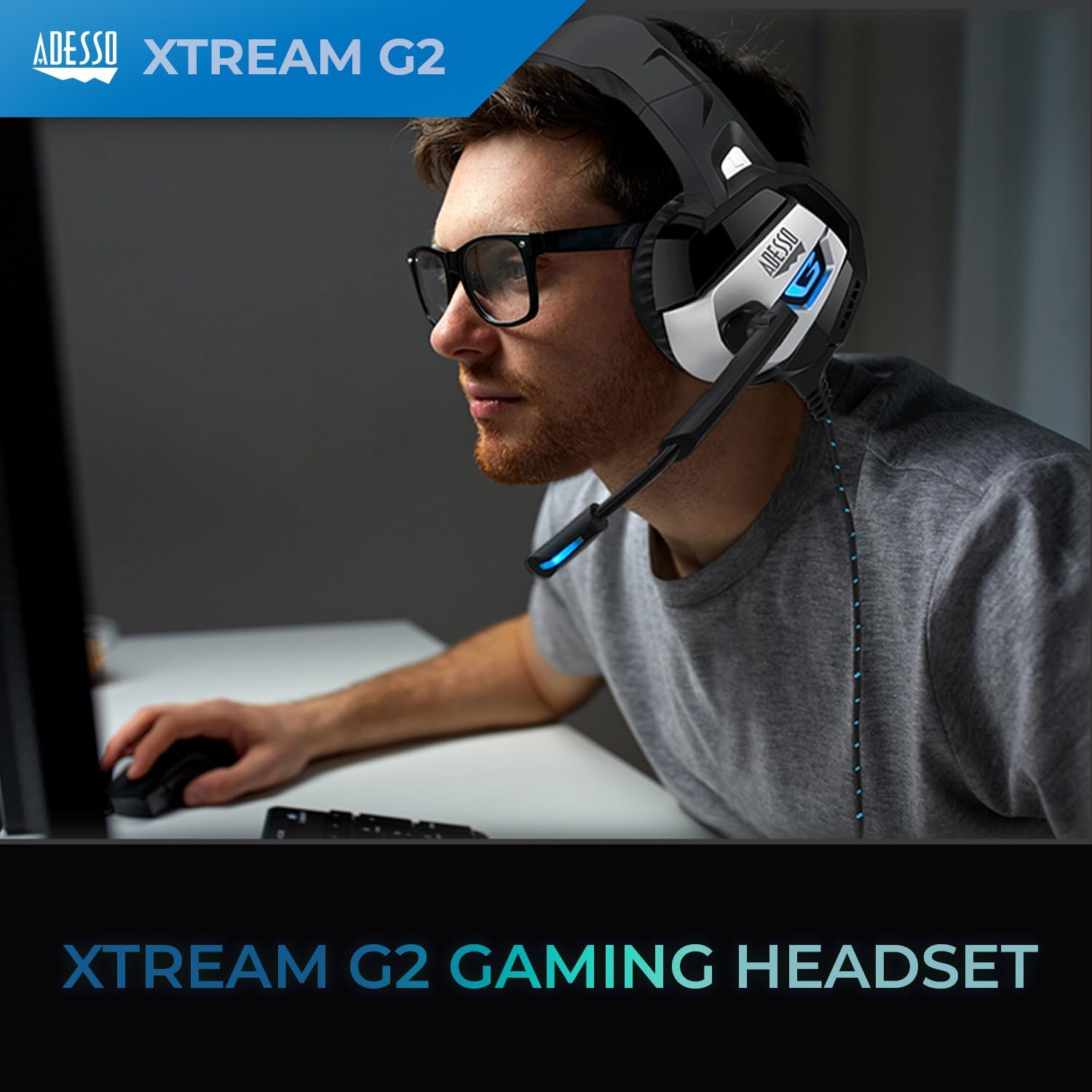 ADESSO Xtream Gaming Headset with 50 mm Drivers, Noise Cancelling Microphone and LED Lighting