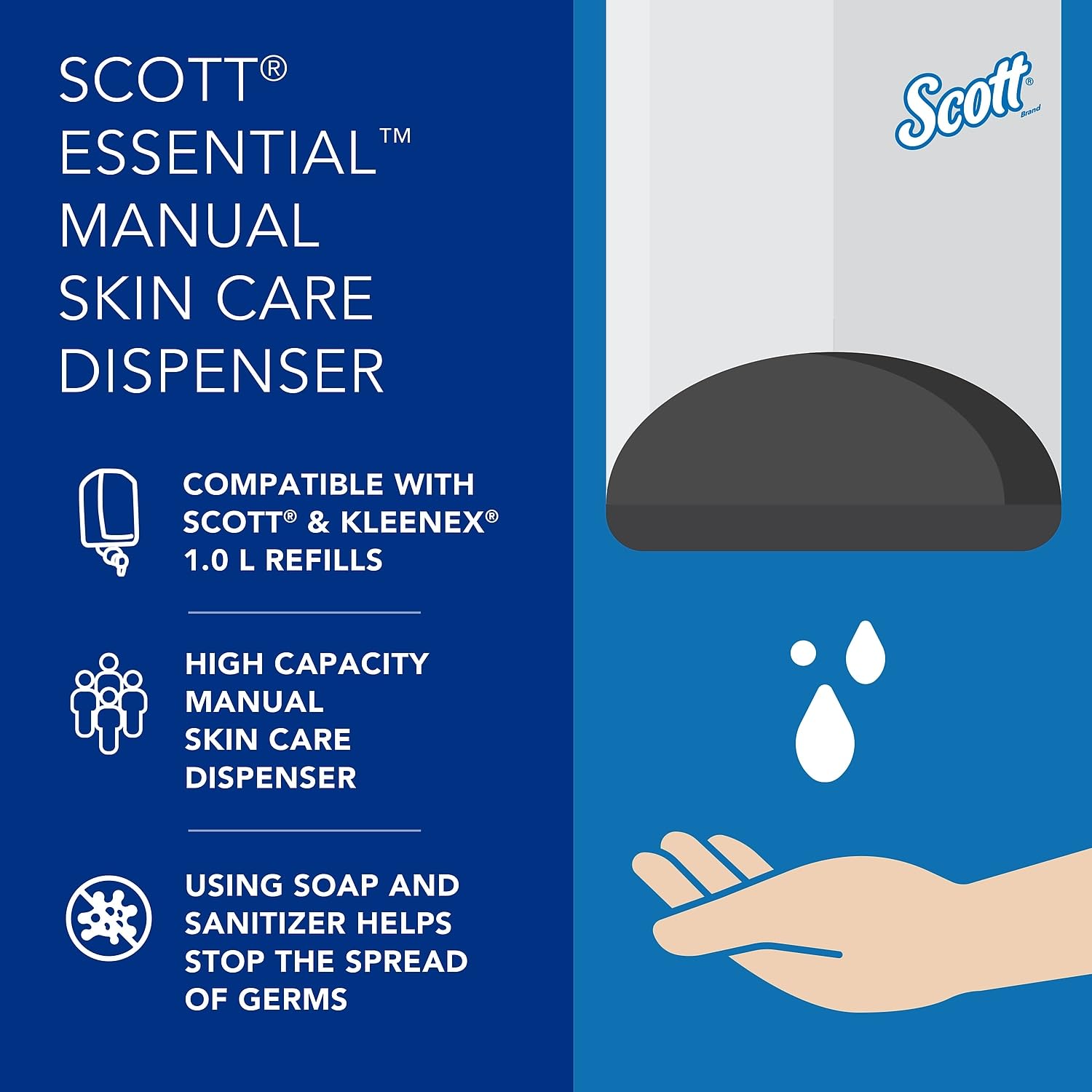 Scott® Essential™ High Capacity Manual Skin Care Dispenser (92144), White, 1.0 L capacity, 4.85" x 8.36" x 5.43" (Qty 1)